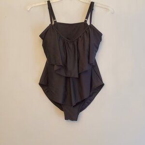 Simon Chang Black Two Tier Ruffle Swimsuit